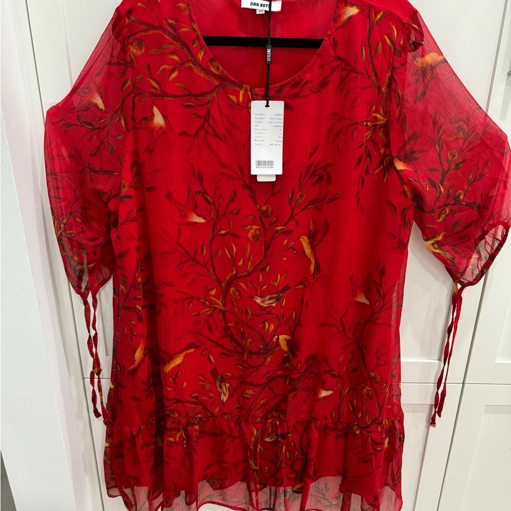Stylewe. Ladies size 4XL. Red shear bird design over solid red.